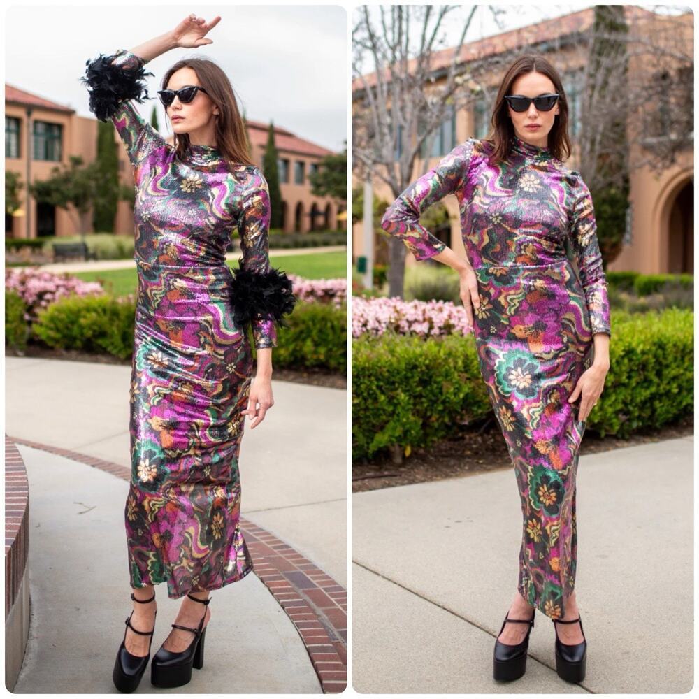 JENNIFER GRACE Catroux Sequin Feather Long Dress In Hysteria SAMPLE PIECE READ